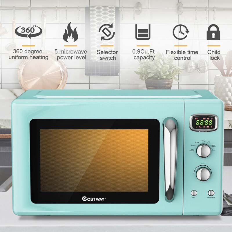 0.9Cu.ft Retro Countertop Microwave Oven, 900W with Defrost & Auto Cooking Function, Glass Turntable
