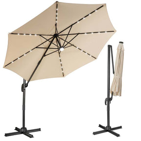 10 FT Cantilever Offset Patio Umbrella 28 Solar LED Lighted Market Umbrella with 3-Tilt Position, Crossed Base