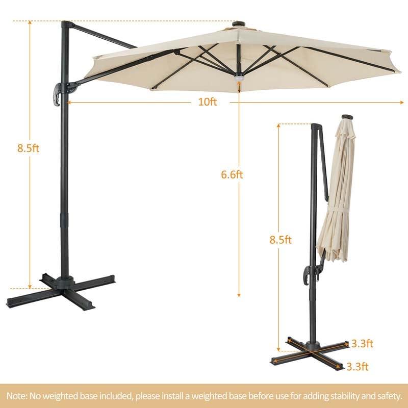 10 FT Cantilever Offset Patio Umbrella 28 Solar LED Lighted Market Umbrella with 3-Tilt Position, Crossed Base