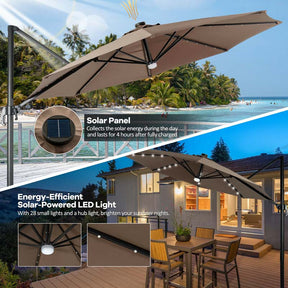 10 FT Cantilever Offset Patio Umbrella 28 Solar LED Lighted Market Umbrella with 3-Tilt Position, Crossed Base