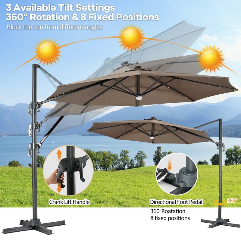 10 FT Cantilever Offset Patio Umbrella 28 Solar LED Lighted Market Umbrella with 3-Tilt Position, Crossed Base