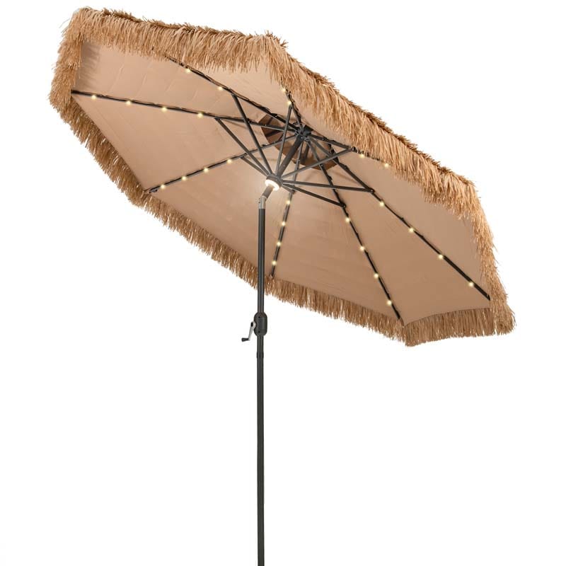 10 FT Thatched Tiki Patio Umbrella with 32 LED Solar Lights, 2 Tier Hawaiian Style Grass Beach Umbrella