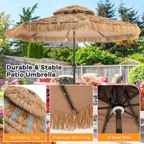 10 FT Thatched Tiki Patio Umbrella with 32 LED Solar Lights, 2 Tier Hawaiian Style Grass Beach Umbrella