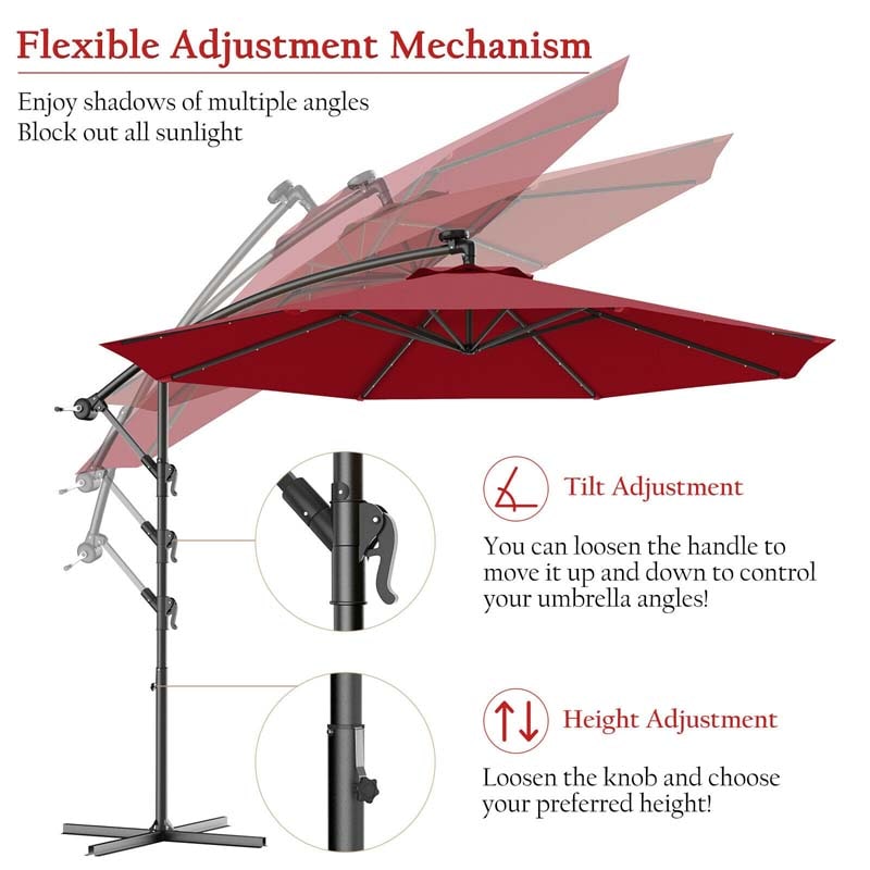 10 FT Offset Patio Umbrella with Solar LED Lights & Cross Base, Large Outdoor Cantilever Umbrella for Sun Rain