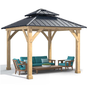 10 x 10 FT Outdoor Patio Hardtop Gazebo with Wood Frame & 2-Tier Metal Roof, All-Weather Gazebo Pergolas Shelter