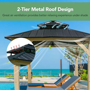 10 x 10 FT Outdoor Patio Hardtop Gazebo with Wood Frame & 2-Tier Metal Roof, All-Weather Gazebo Pergolas Shelter