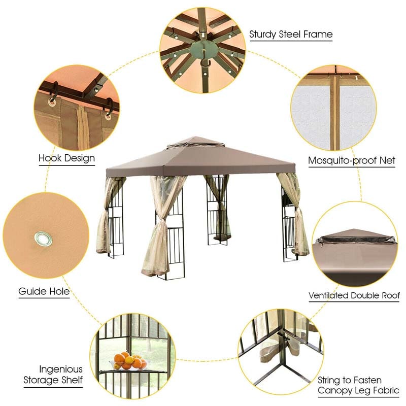 10 x 10 FT Metal Patio Gazebo with Netting, Screw-free Structure Outdoor Canopy Gazebo Tent