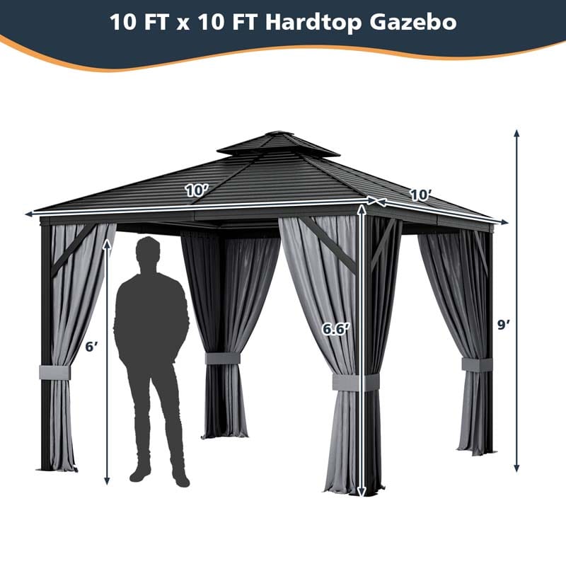 10 x 10 FT Hardtop Gazebo with Netting, Outdoor Patio Metal Gazebo with Galvanized Steel Roof