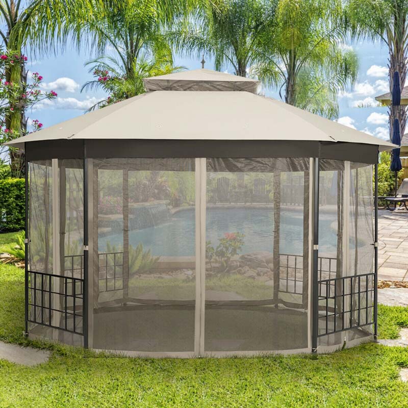 10 x 12 FT Heavy-Duty Octagonal Gazebo with Netting, Outdoor Patio Canopy Gazebo Tent for Event Party BBQ