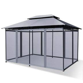10 x 13 FT Steel Patio Gazebo with Mesh Curtains, 2 Tier Vented Roof Outdoor Canopy Gazebo Tent