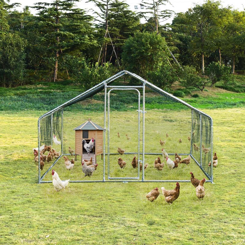 10' x 13' x 6.5' Galvanized Metal Large Walk-in Chicken Coop Cage Runs Hen House with Cover & Lockable Door