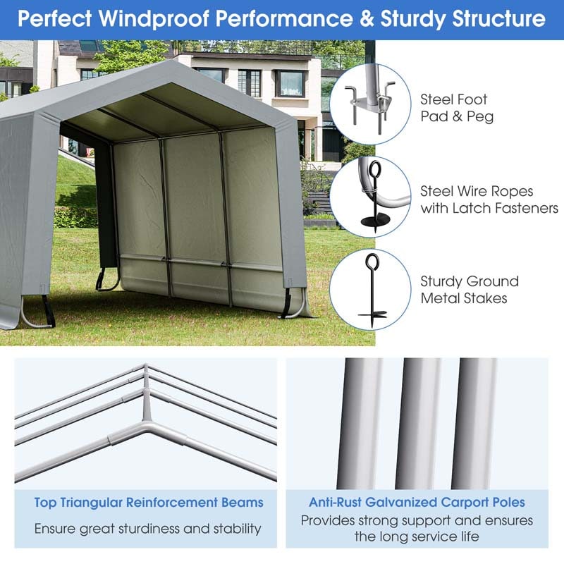 10 x 16 FT Outdoor Heavy-Duty Metal Carport Portable Garage Car Canopy with 2 Removable Doors