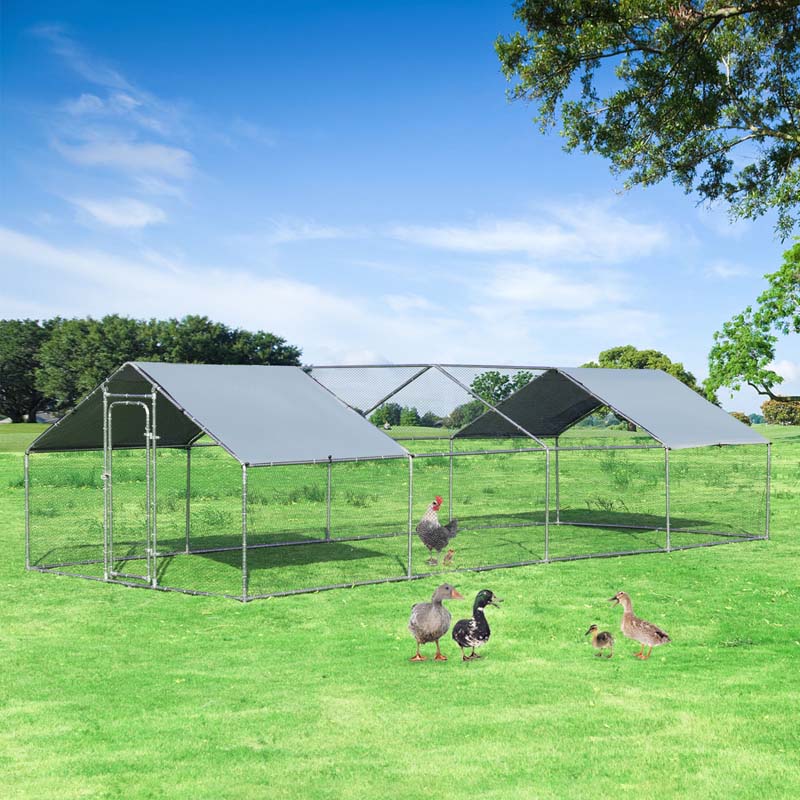 26 FT Large Metal Walk-in Chicken Coop Cage Runs Hen House with Cover & Lockable Door