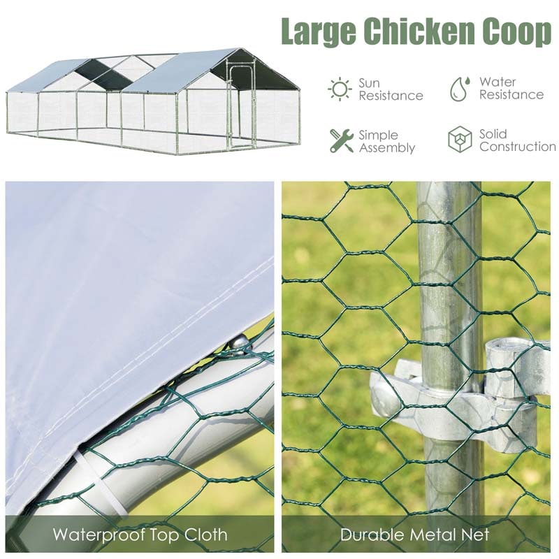 26 FT Large Metal Walk-in Chicken Coop Cage Runs Hen House with Cover & Lockable Door