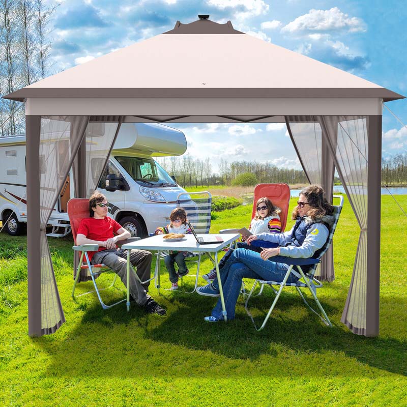 11 x 11 FT Pop-Up Gazebo Tent Portable Canopy Shelter with Carry Bag & Mesh Netting & LED Lights