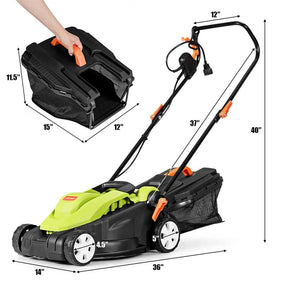 12 Amp 14" Corded Electric Lawn Mower with Folding Handle, 3 Cutting Heights Push Mower with 25L Collection Bag