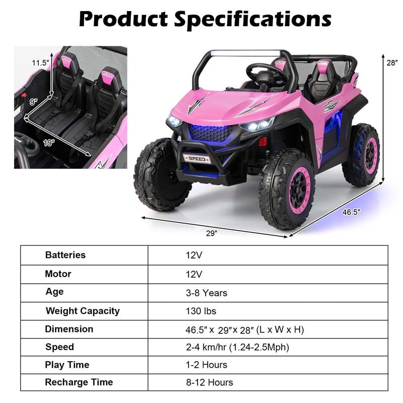 12V 2-Seater Kids Ride On UTV Car, Battery Powered RC Electric Vehicle with Lights & Music