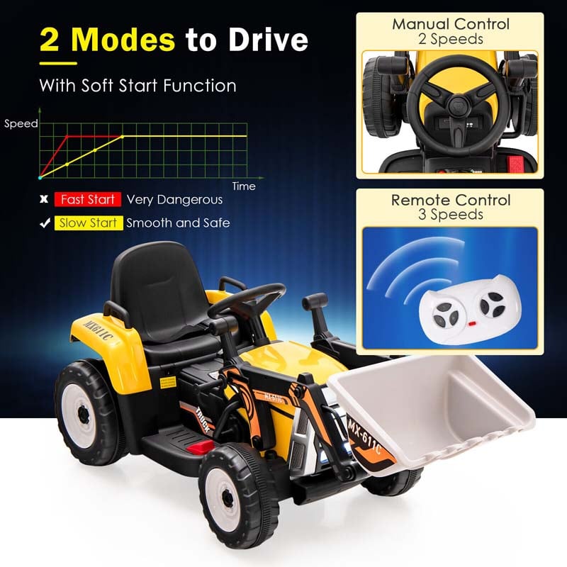 12V Kids Ride On Excavator Digger with Digging Bucket, Battery Powered Electric Tractor RC Construction Vehicle