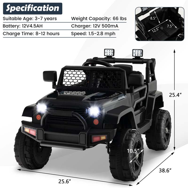 12V Kids Ride On Truck Car Battery Powered Electric Vehicle RC with Mesh Windshield & Bright Headlights