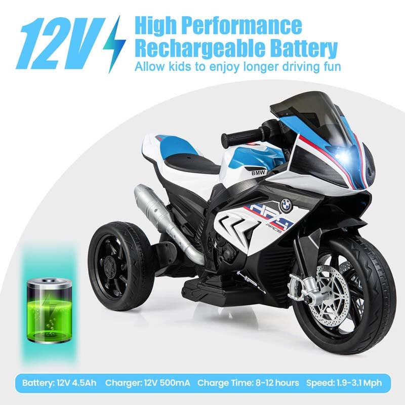 12V Licensed BMW Kids Ride on Motorcycle 3 Wheel Battery Powered Electric Riding Toy Trike with Light & Music