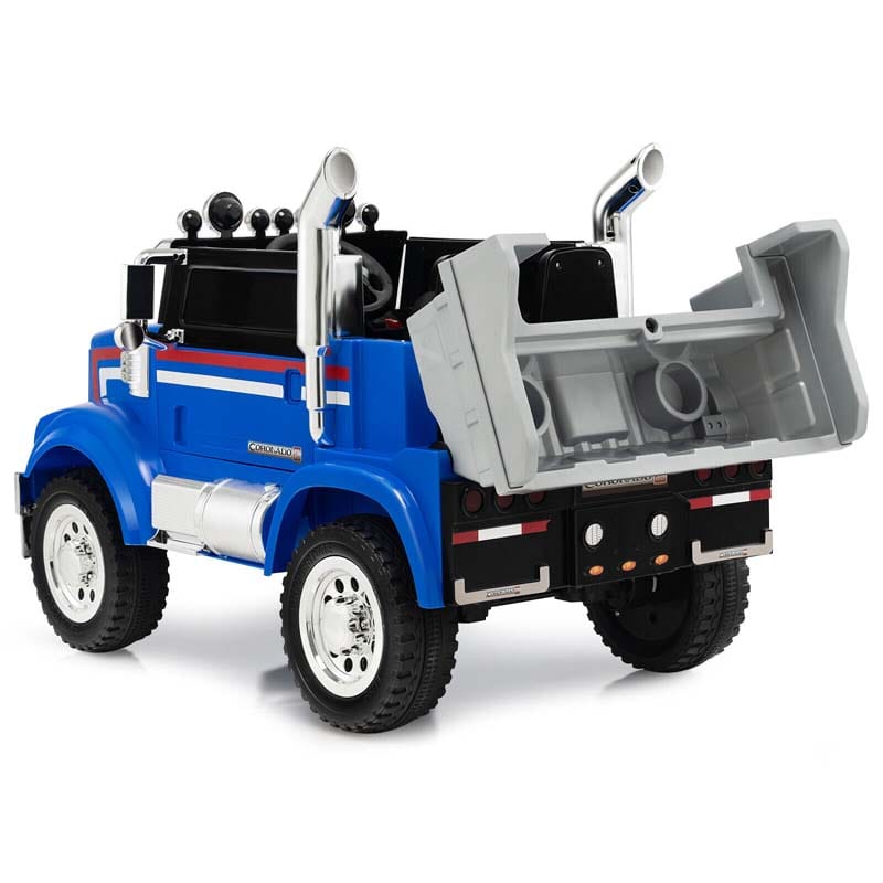 12V Licensed Freightliner Kids Ride On Truck, Battery Powered Trailer RC Riding Toy Car with Dump Box & Lights