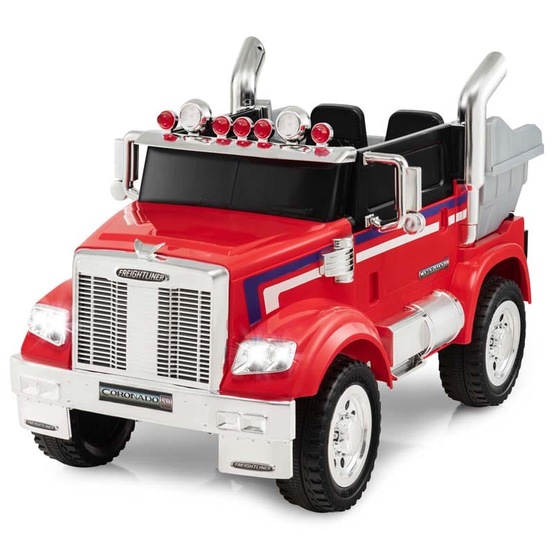 12V Licensed Freightliner Kids Ride On Truck, Battery Powered Trailer RC Riding Toy Car with Dump Box & Lights