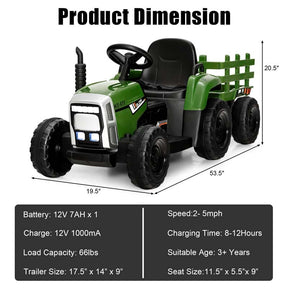 Kids Ride on Tractor w/Trailer 12V Battery Powered Electric Riding Toy Car Vehicle with 3-Gear-Shift Ground Loader