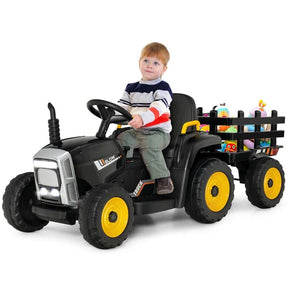 Kids Ride on Tractor w/Trailer 12V Battery Powered Electric Riding Toy Car Vehicle with 3-Gear-Shift Ground Loader