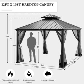 12 x 10 FT Hardtop Gazebo with Netting & Central Hook, 2-Tier Outdoor Patio Metal Gazebo Canopy Tent