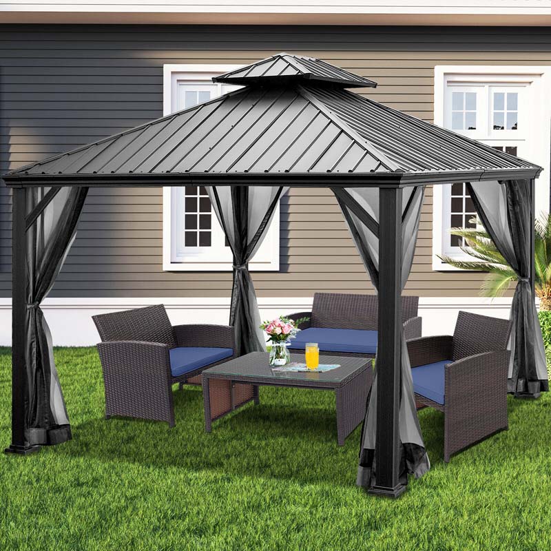 12 x 10 FT Hardtop Gazebo with Netting & Central Hook, 2-Tier Outdoor Patio Metal Gazebo Canopy Tent