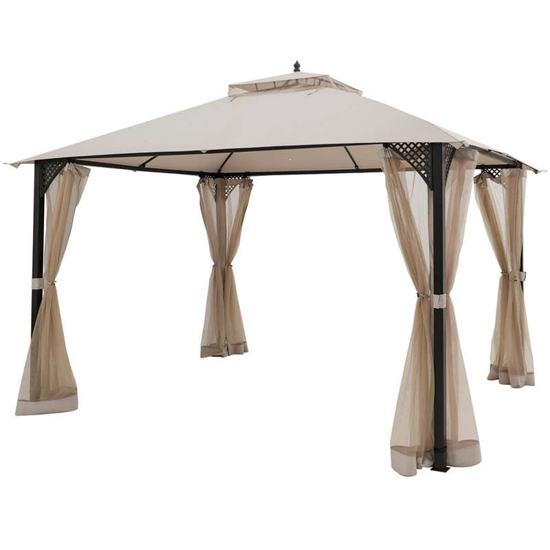 12 x 10 FT Patio Metal Gazebo with Netting & 2 Tier Roof, Heavy Duty Outdoor Canopy Gazebo Tent for Party