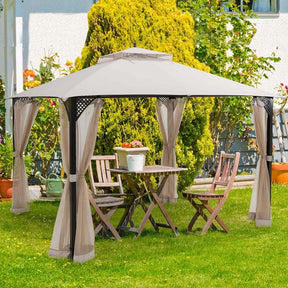 12 x 10 FT Patio Metal Gazebo with Netting & 2 Tier Roof, Heavy Duty Outdoor Canopy Gazebo Tent for Party