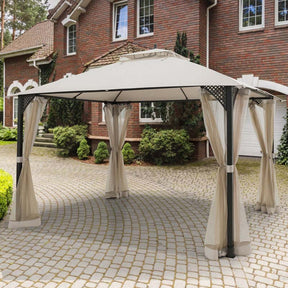 12 x 10 FT Patio Metal Gazebo with Netting & 2 Tier Roof, Heavy Duty Outdoor Canopy Gazebo Tent for Party