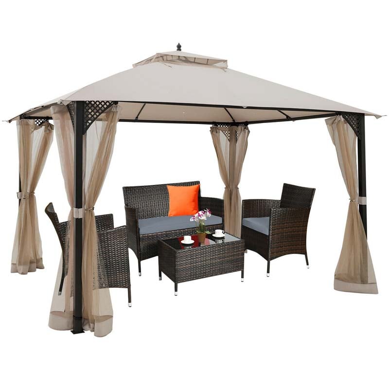 12 x 10 FT Patio Metal Gazebo with Netting & 2 Tier Roof, Heavy Duty Outdoor Canopy Gazebo Tent for Party