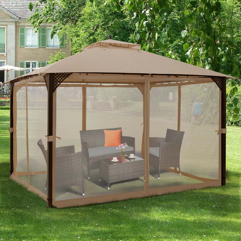 12 x 10 FT Patio Metal Gazebo with Netting & 2 Tier Roof, Heavy Duty Outdoor Canopy Gazebo Tent for Party