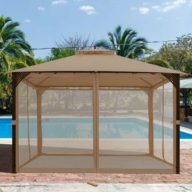 12 x 10 FT Patio Metal Gazebo with Netting & 2 Tier Roof, Heavy Duty Outdoor Canopy Gazebo Tent for Party