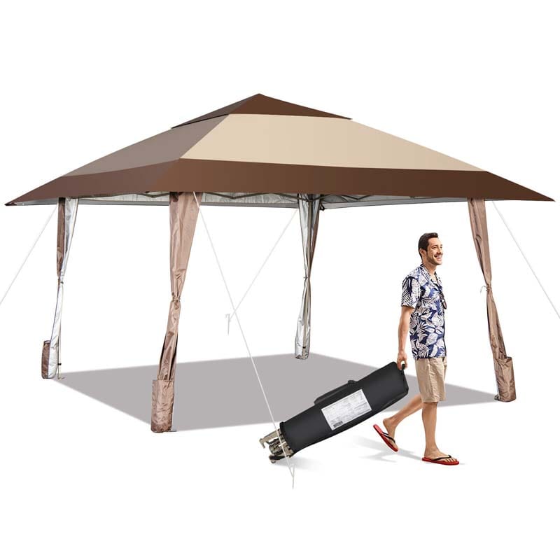 13 x 13 FT 2-Tier Pop-Up Gazebo Tent with 4 Curtains & Wheels, Instant Outdoor Canopy Shelter with Carry Bag
