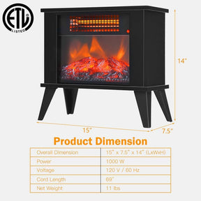 14" Portable Electric Fireplace Heater, 1000W Freestanding Infrared Stove Heater with Realistic Flame Effect