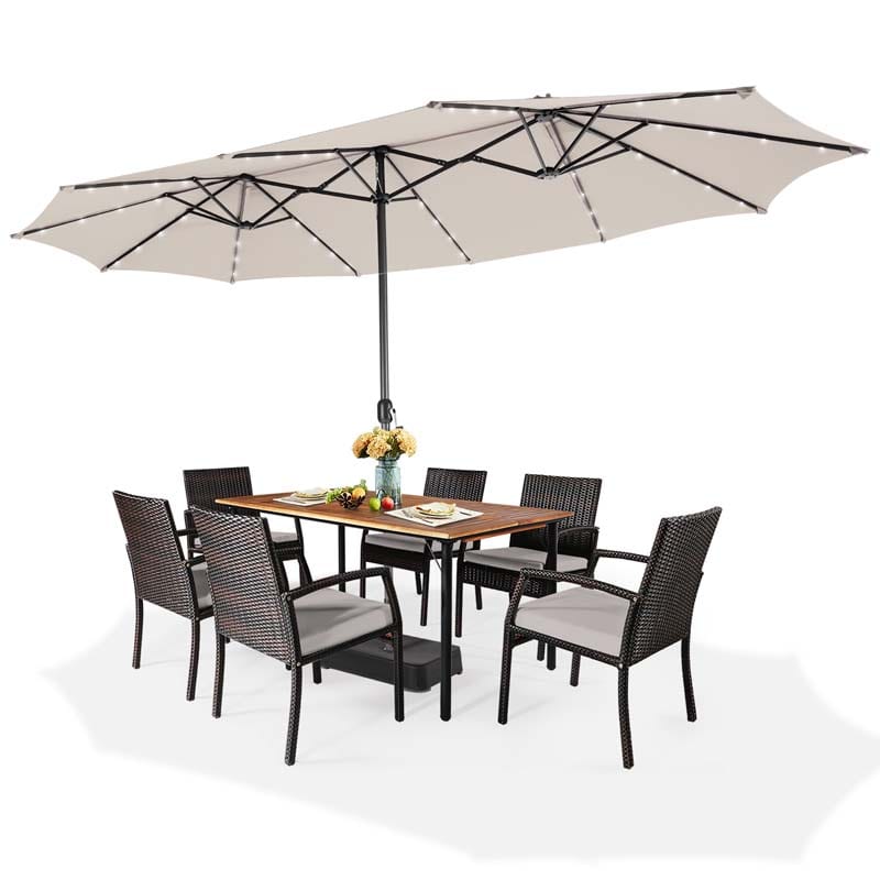 15 FT Double-Sided Patio Umbrella with 48 Solar Lights, Extra-Large Outdoor Twin Market Umbrella with Base