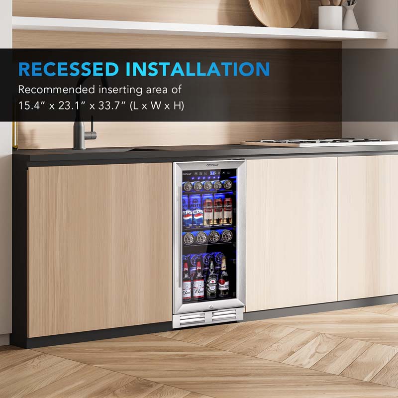 15" 100 Can Wine Beverage Cooler Refrigerator Built-in or Freestanding Beer Wine Fridge with Glass Door