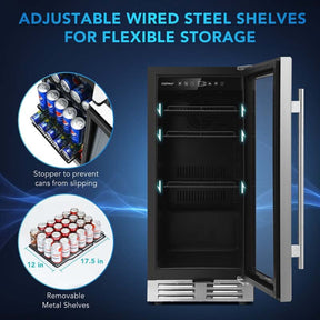 15" 100 Can Wine Beverage Cooler Refrigerator Built-in or Freestanding Beer Wine Fridge with Glass Door