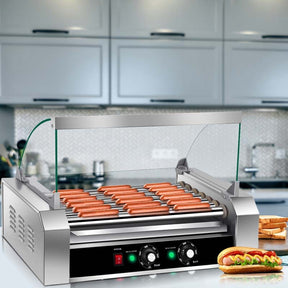 7 Non-Stick Roller 18 Hot Dog Roller Sausage Grill Cooker Machine with Glass Hood Cover, Commercial Household Hot Dog Rotisserie