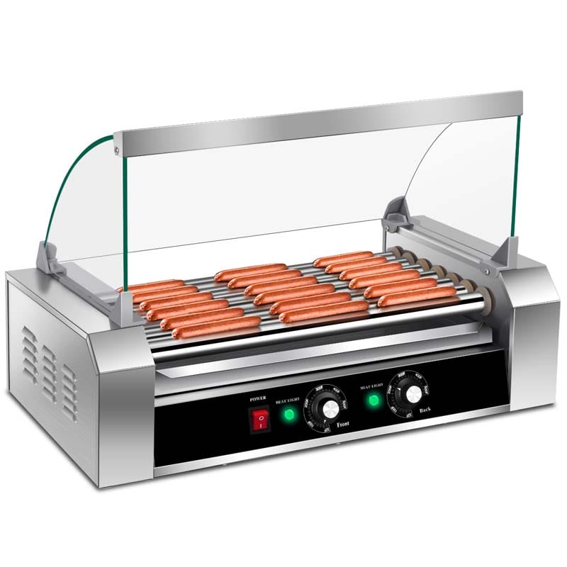 7 Non-Stick Roller 18 Hot Dog Roller Sausage Grill Cooker Machine with Glass Hood Cover, Commercial Household Hot Dog Rotisserie