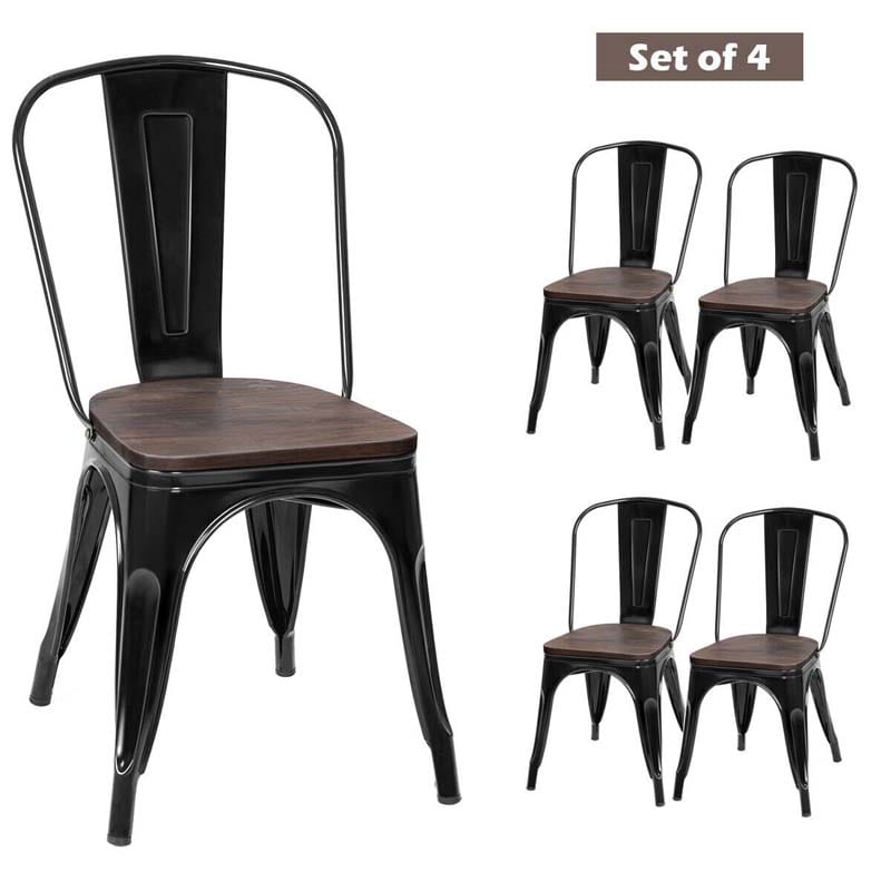 Set of 4 Industrial Vintage Stackable Metal Chairs, 18" Counter Bar Dining Chairs with High Backrest & Wood Seat
