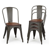 Set of 4 Industrial Vintage Stackable Metal Chairs, 18" Counter Bar Dining Chairs with High Backrest & Wood Seat for Home Kitchen Cafe Bar