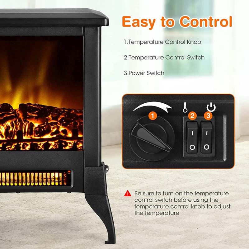 18" Electric Fireplace Stove, 1400W Portable Space Heater with Realistic Flame Effect, Adjustable Temperature
