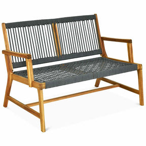 2-Person Acacia Wood Rope Bench Loveseat Chair, Outdoor Patio Garden Park Bench in Teak Oil Finish