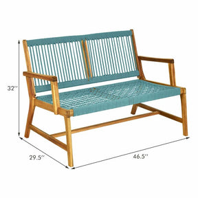 2-Person Acacia Wood Rope Bench Loveseat Chair, Outdoor Patio Garden Park Bench in Teak Oil Finish