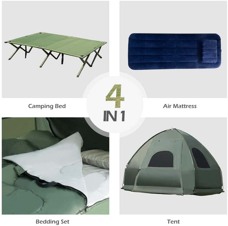 2-Person 5-in-1 Outdoor Camping Tent Cot Foldable Elevated Camping Bed with Air Mattress & Sleeping Bag