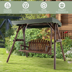 2-Person Wooden Porch Swing with Adjustable Canopy, A-Frame Outdoor Patio Swing Bench Chair